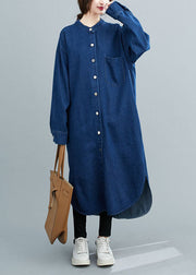 Simple Blue Stand Collar Patchwork Denim Shirts Dress Spring