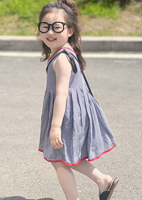 Simple Blue Striped Patchwork Kids Strap Mid Dress Sleeveless