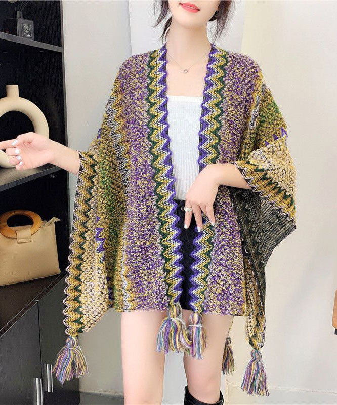 Simple Blue Tasseled Striped Ma Hai mao Knitted Thick Shawl