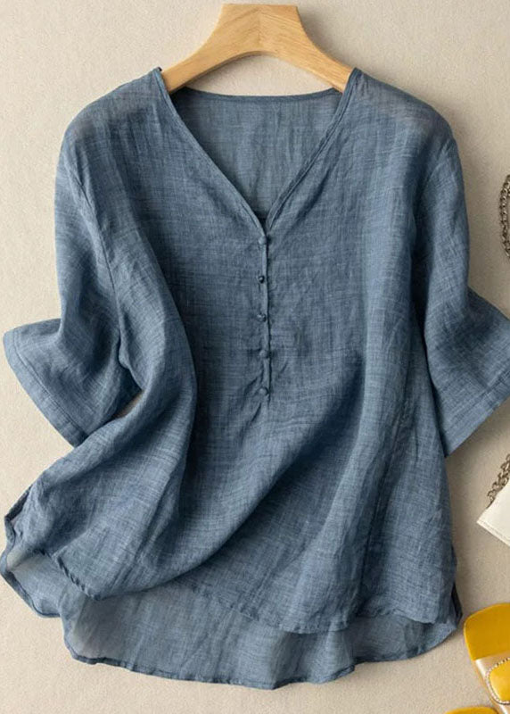 Simple Blue V Neck Button Patchwork Linen T Shirt Summer