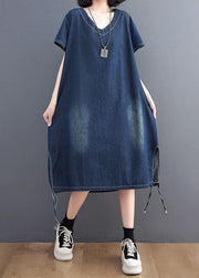 Simple Blue V Neck Patchwork Side Open Denim Dress Summer