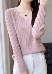 Simple Blue V Neck Solid Knit Sweaters Fall