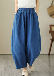 Simple Blue Wrinkled Pockets Elastic Waist Patchwork Linen Skirt Summer