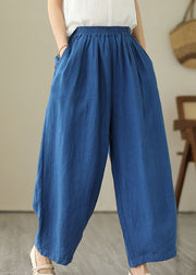 Simple Blue Wrinkled Pockets Elastic Waist Patchwork Linen Skirt Summer