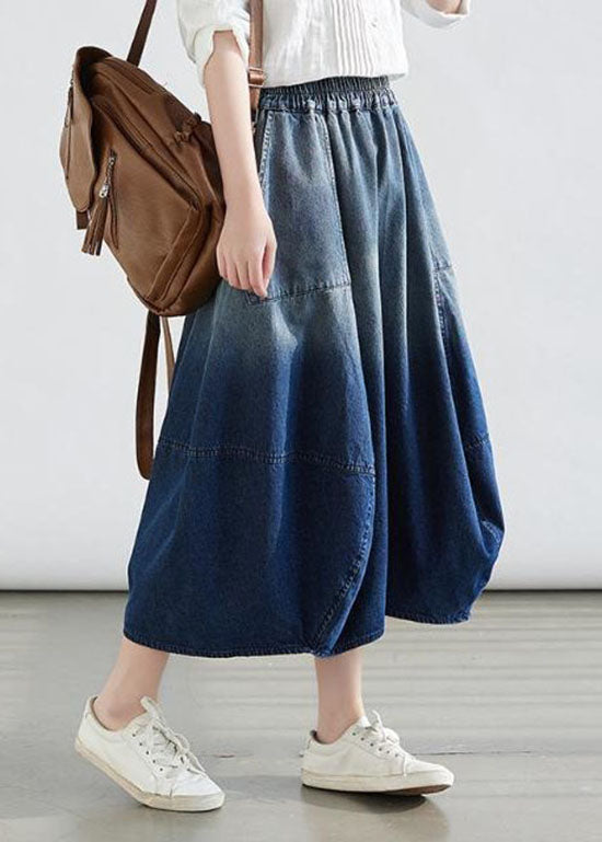 Simple Blue Wrinkled Pockets Gradient Color Denim Skirts Summer