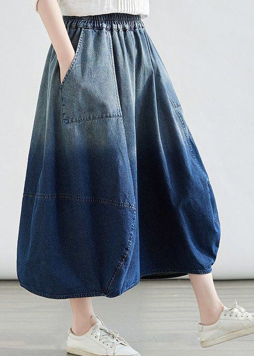 Simple Blue Wrinkled Pockets Gradient Color Denim Skirts Summer