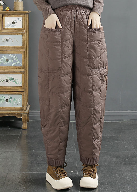 Simple Brown Pockets Solid Warm Duck Down Pants Winter