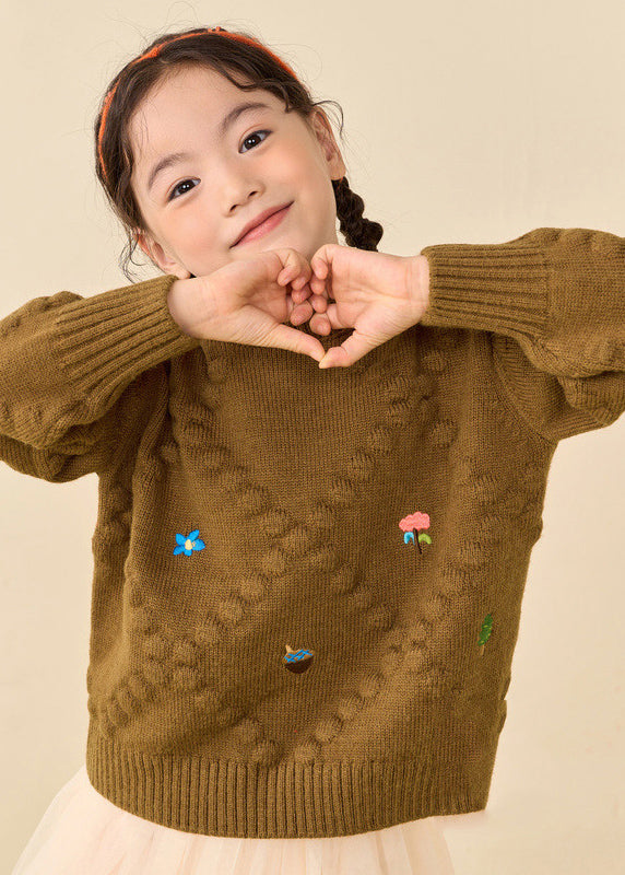 Simple Brown Print Thick Cotton Knit Girls Sweater Puff Sleeve