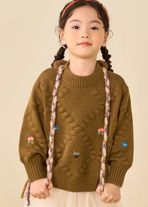 Simple Brown Print Thick Cotton Knit Girls Sweater Puff Sleeve