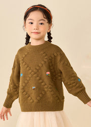 Simple Brown Print Thick Cotton Knit Girls Sweater Puff Sleeve