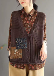 Simple Brown V Neck Button Hollow Out Cotton Knit Waistcoat Sleeveless