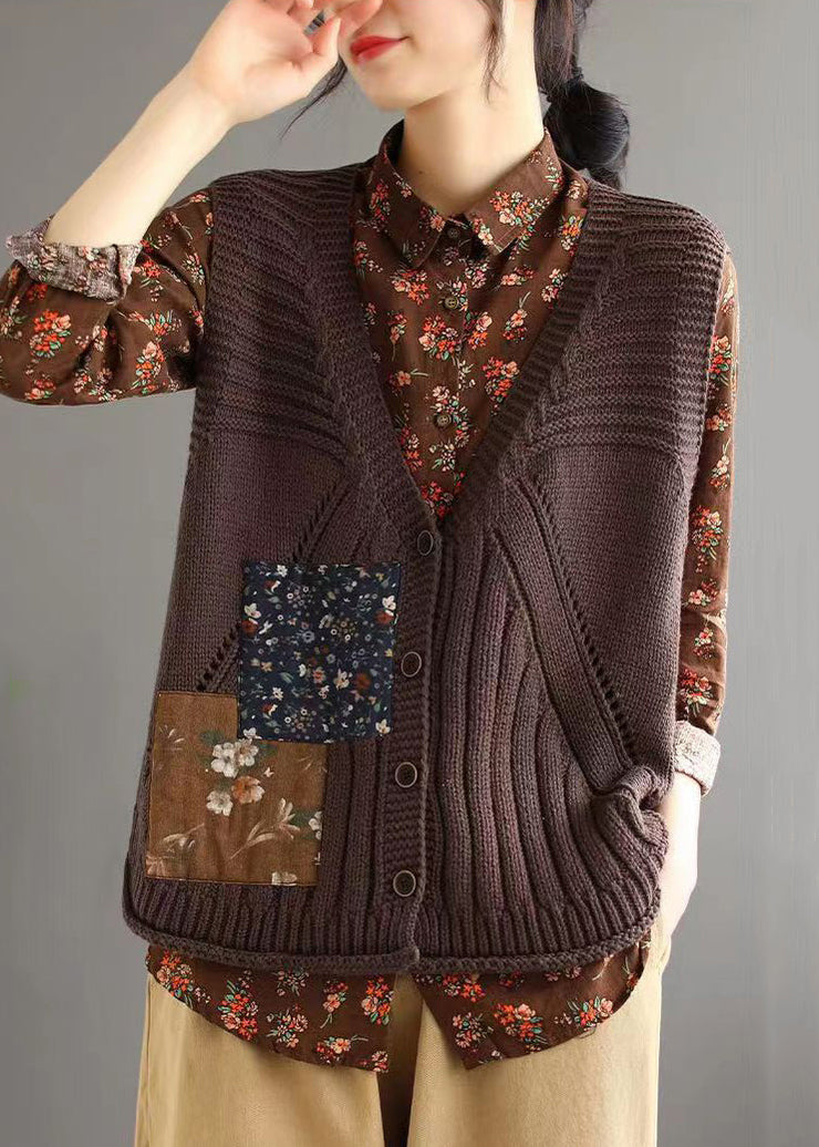 Simple Brown V Neck Button Hollow Out Cotton Knit Waistcoat Sleeveless