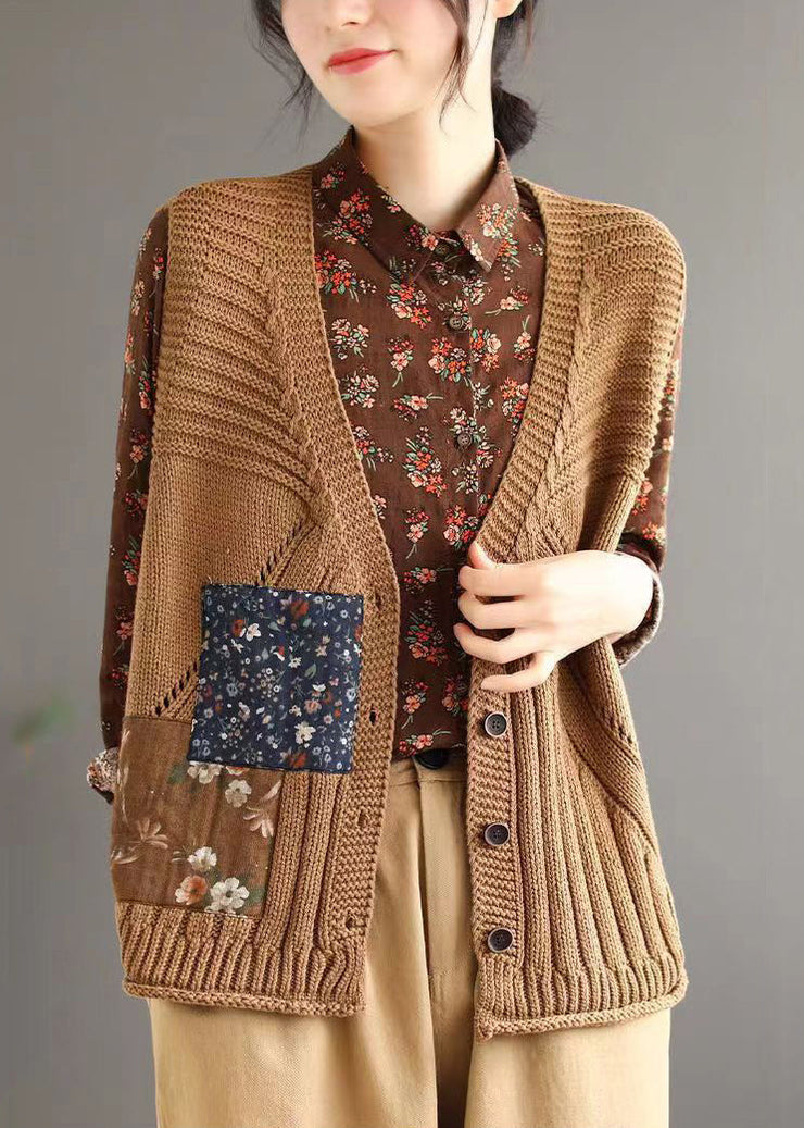 Simple Brown V Neck Button Hollow Out Cotton Knit Waistcoat Sleeveless