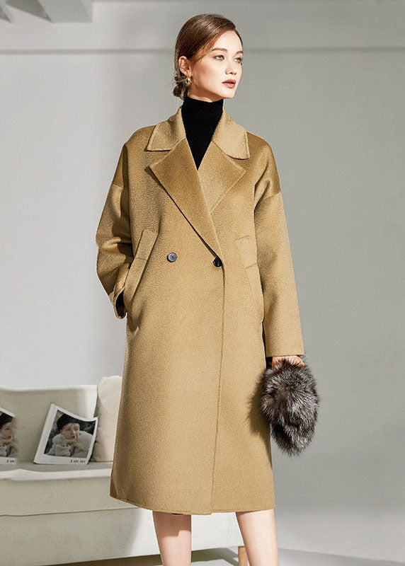 Simple Camel Peter Pan Collar Pockets Woolen Cocoon Coat Winter