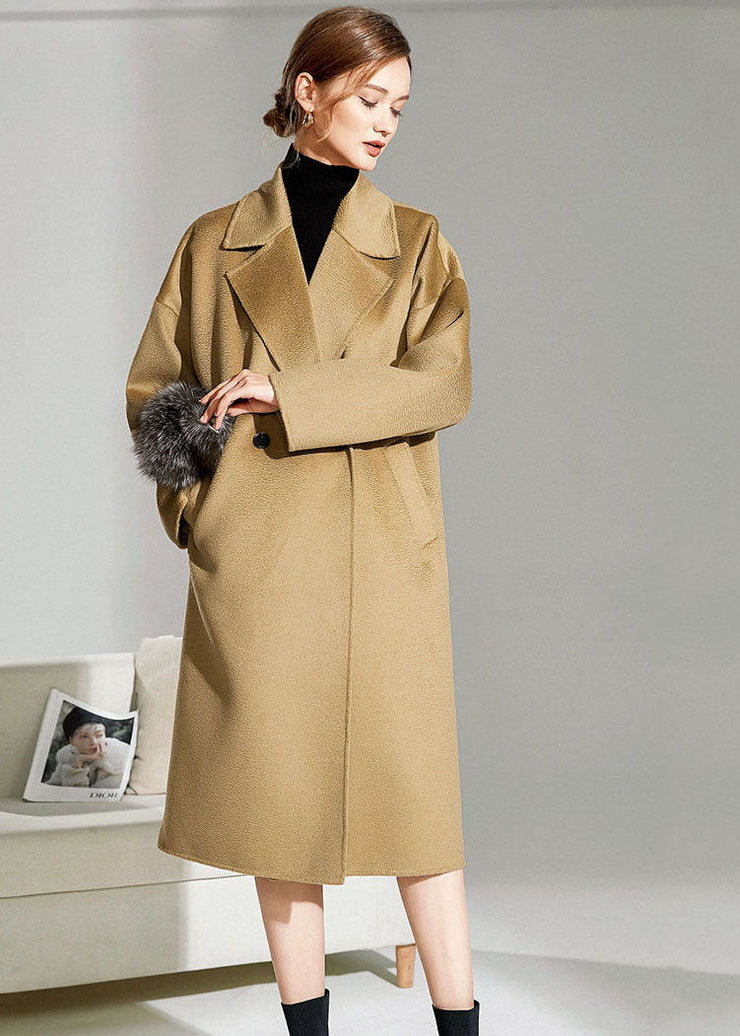 Simple Camel Peter Pan Collar Pockets Woolen Cocoon Coat Winter