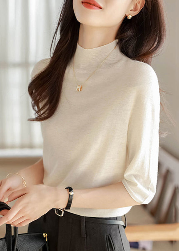 Simple Camel Turtleneck Cozy Cotton Knit Tops Half Sleeve