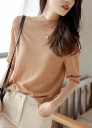 Simple Camel Turtleneck Cozy Cotton Knit Tops Half Sleeve