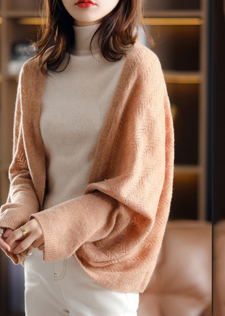 Simple Camel V Neck Button Hollow Out Knit Cape Fall