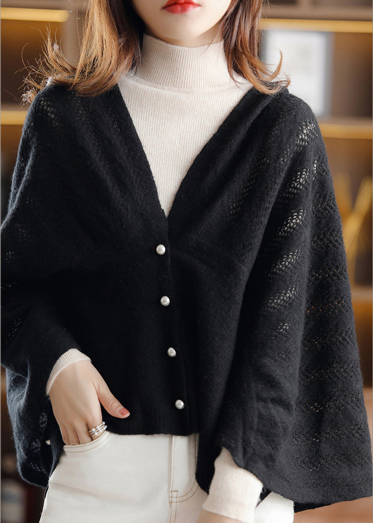 Simple Camel V Neck Button Hollow Out Knit Cape Fall