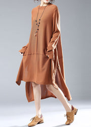 Simple Caramel O Neck Low High Design Patchwork Knit Knitwear  Dress Fall