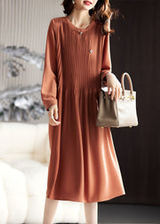 Simple Caramel O-Neck Wrinkled Maxi Dresses Long Sleeve