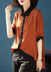 Simple Caramel Peter Pan Collar Button Patchwork Chiffon Shirts Top Summer