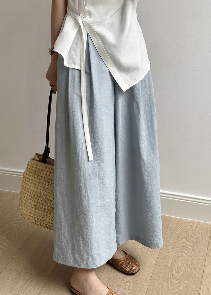 Simple Casual White Pockets Elastic Waist Cotton Wide Leg Pants Fall