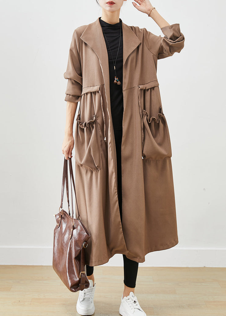 Simple Coffee Cinched Ruffled Pockets Cotton Coat Fall