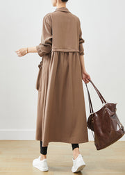 Simple Coffee Cinched Ruffled Pockets Cotton Coat Fall