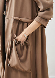 Simple Coffee Cinched Ruffled Pockets Cotton Coat Fall