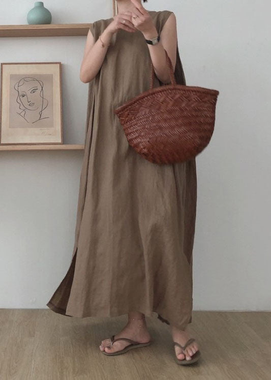 Simple Coffee O Neck Patchwork Cotton Maxi Dress Sleeveless