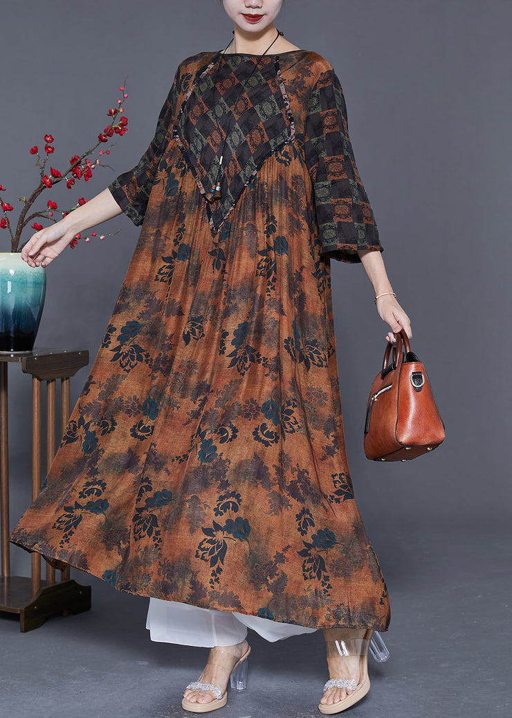 Simple Coffee Oversized Patchwork Exra Large Hem Silk Long Dress Summer