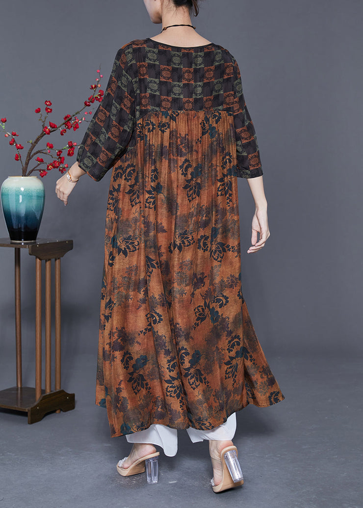 Simple Coffee Oversized Patchwork Exra Large Hem Silk Long Dress Summer