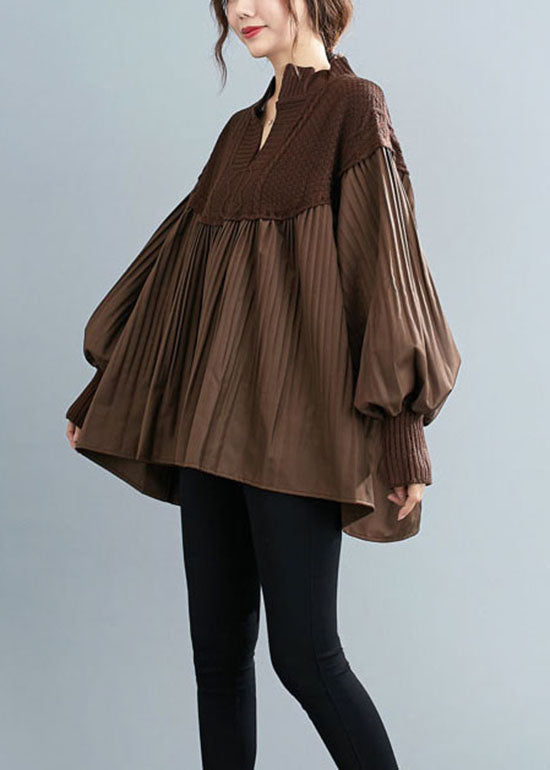 Simple Chocolate V Neck Knit Patchwork Top Spring