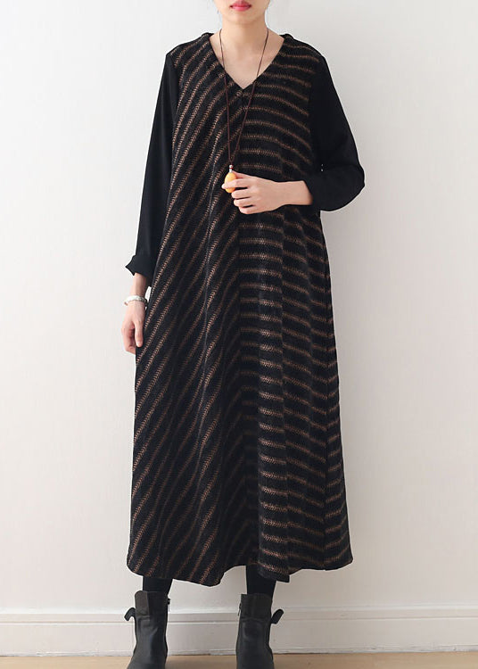 Simple Chocolate V Neck Striped Woolen Maxi Dresses Fall