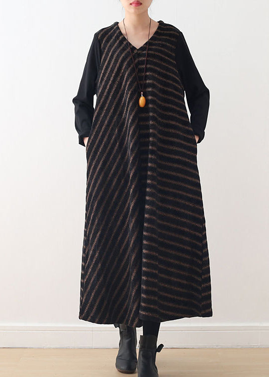 Simple Chocolate V Neck Striped Woolen Maxi Dresses Fall