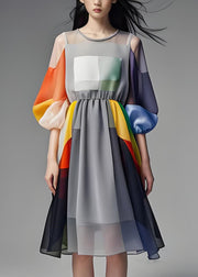 Simple Colorblock O Neck Patchwork Chiffon Dress Lantern Sleeve