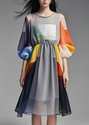 Simple Colorblock O Neck Patchwork Chiffon Dress Lantern Sleeve