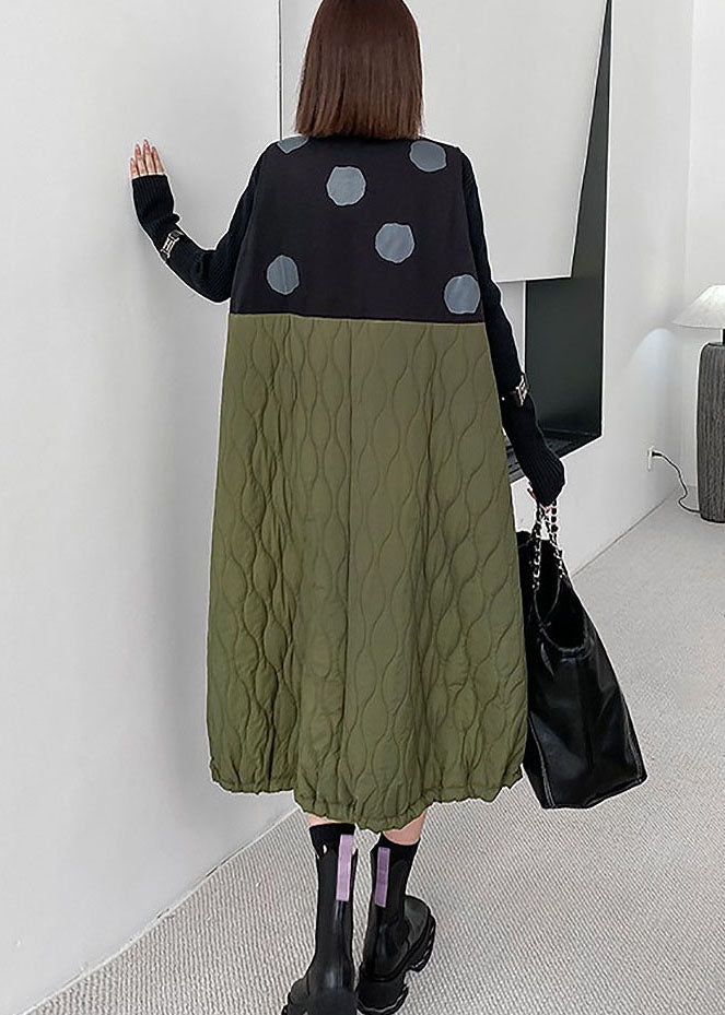 Simple Colorblock O-Neck Woolen Patchwork Fine Cotton Filled Maxi Dresses Winter