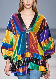 Simple Colorblock Ruffled Patchwork Silk Velour Shirt Tops Fall