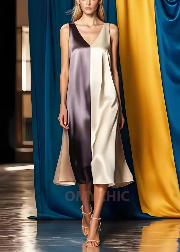 Simple Colorblock V Neck Patchwork Silk Maxi Dress Summer