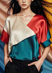 Simple Colorblock V Neck Patchwork Silk Tops Summer