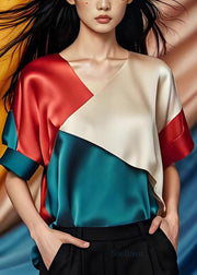 Simple Colorblock V Neck Patchwork Silk Tops Summer