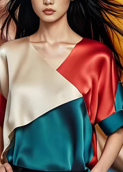 Simple Colorblock V Neck Patchwork Silk Tops Summer