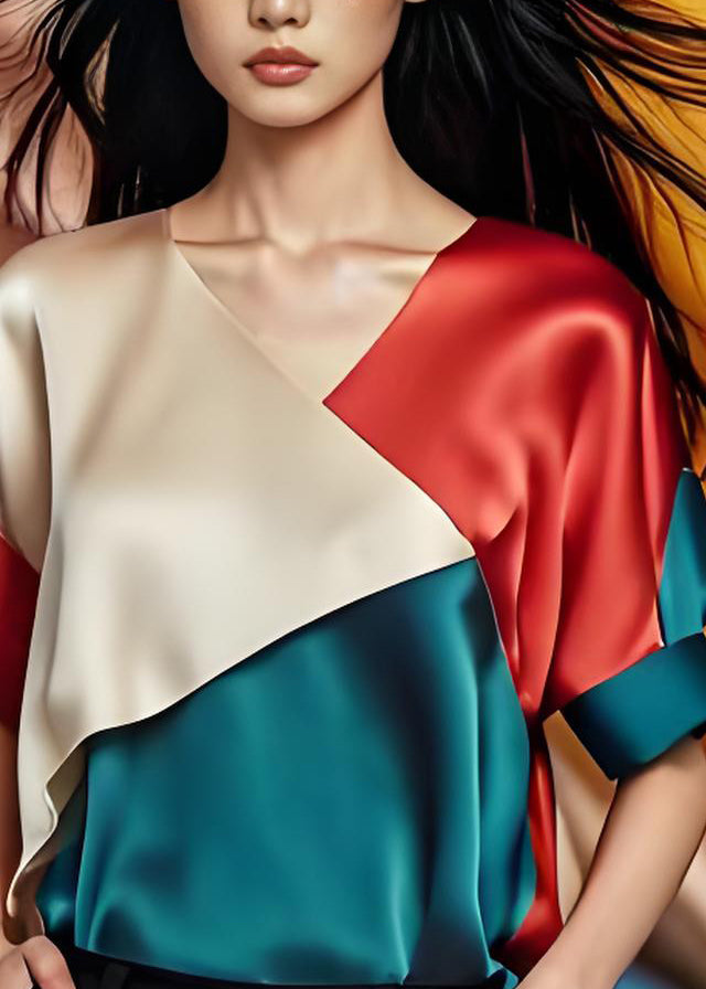 Simple Colorblock V Neck Patchwork Silk Tops Summer