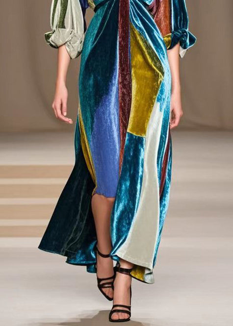 Simple Colorblock V Neck Patchwork Silk Velvet Party Dress Fall