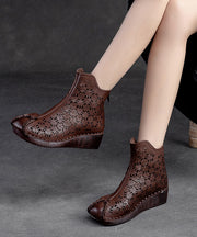 Simple Cowhide Hollow Out Leather Splicing Wedge High Wedge Heels Shoes