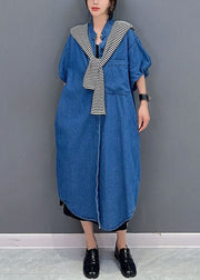 Simple Dark Blue Pockets Button Patchwork Denim Long Coats Summer