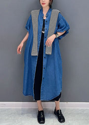 Simple Dark Blue Pockets Button Patchwork Denim Long Coats Summer