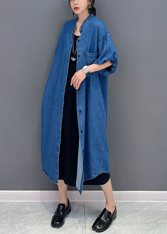 Simple Dark Blue Pockets Button Patchwork Denim Long Coats Summer